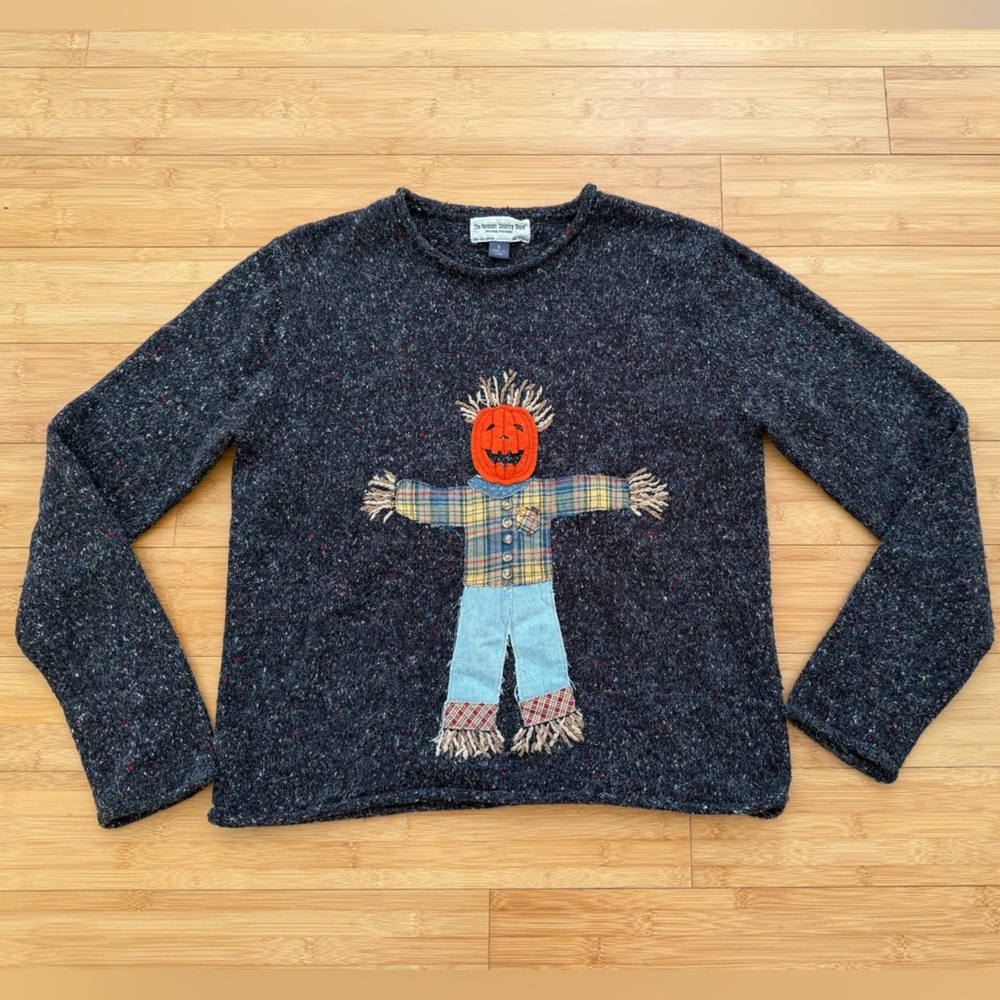 The Vermont Country Store Pumpkin Head Scarecrow Rolled Neck Sweater Small